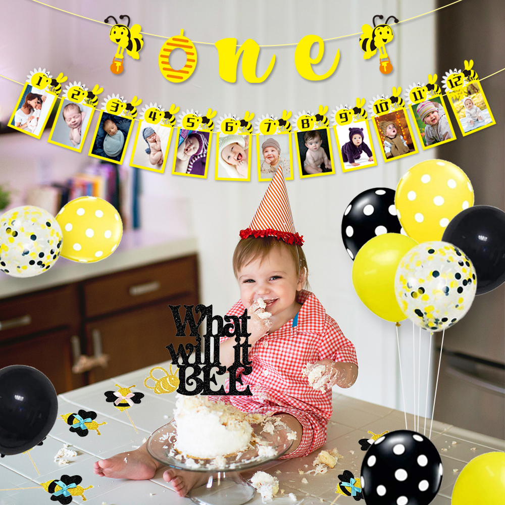 1st Birthday Baby Photo Banner for Newborn to 12 Months Monthly Milestone Honey Bee Banner Cake Cupcake Topper Garland Balloons