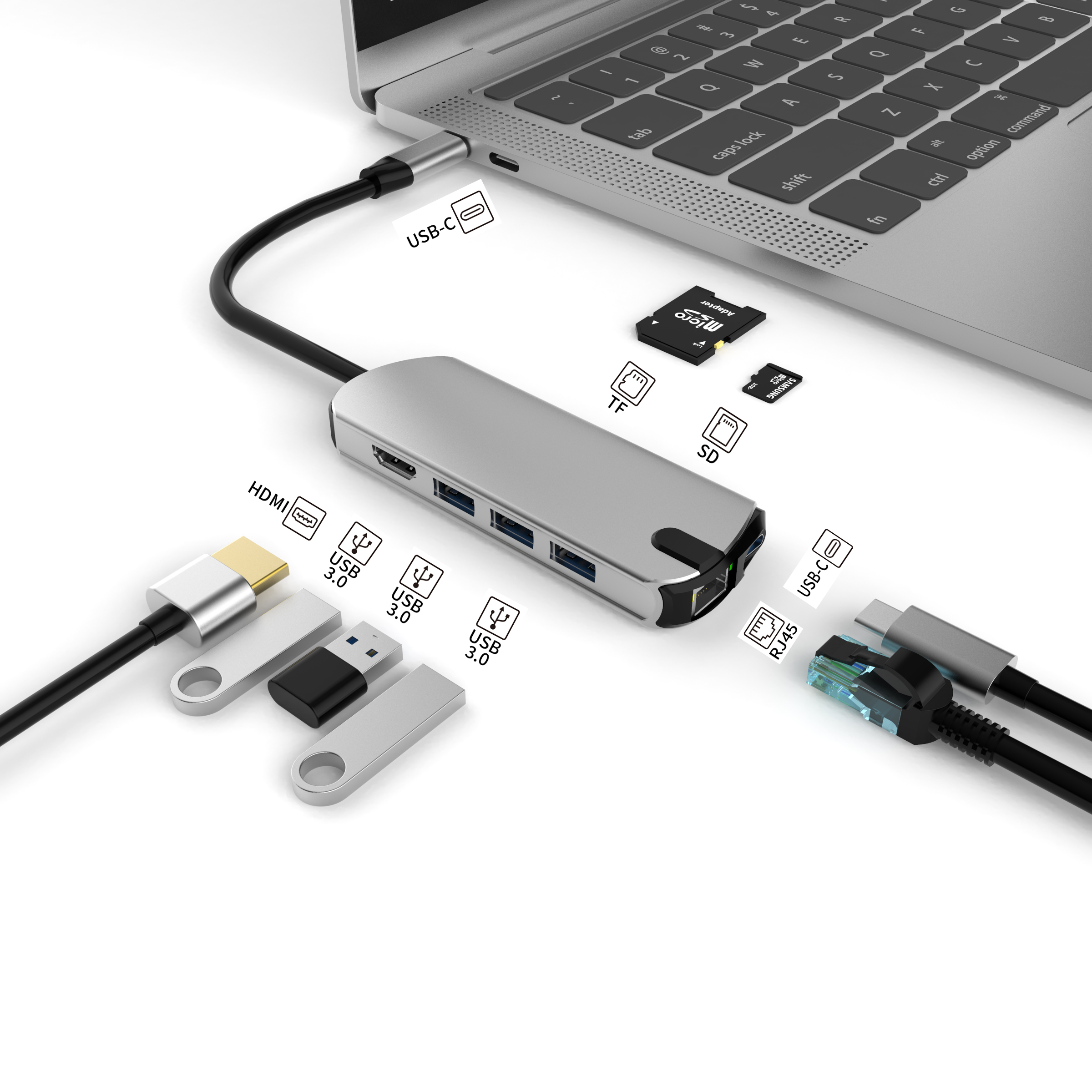 Usb-концентратор 3,0 8 в 1 Тип c отложным воротником USB3.0 * 3 HD-MI * 1 SD * 1 TF * 1 RJ45 PD • 1 быстрая зарядка серого цвета
