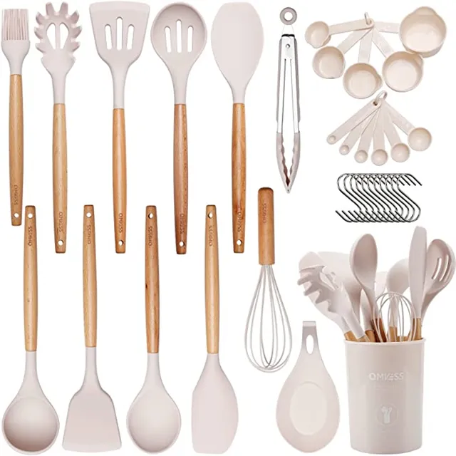 J856 35 Pcs In 1 Non-stick Silicone Cooking Kitchen Accessories Spatula Set Silicone Kitchen Utensils With Wooden Handles