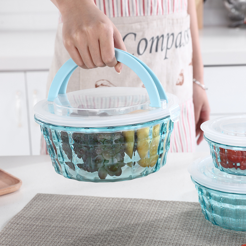 Portable Plastic Salad Fruit Bowl Round Clear Food Storage Container Set with lid and handle