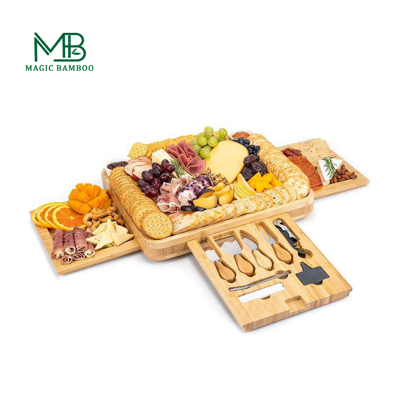 High Quality Premium Multifunctional Natural Bamboo Cheese Board With Knife Set
