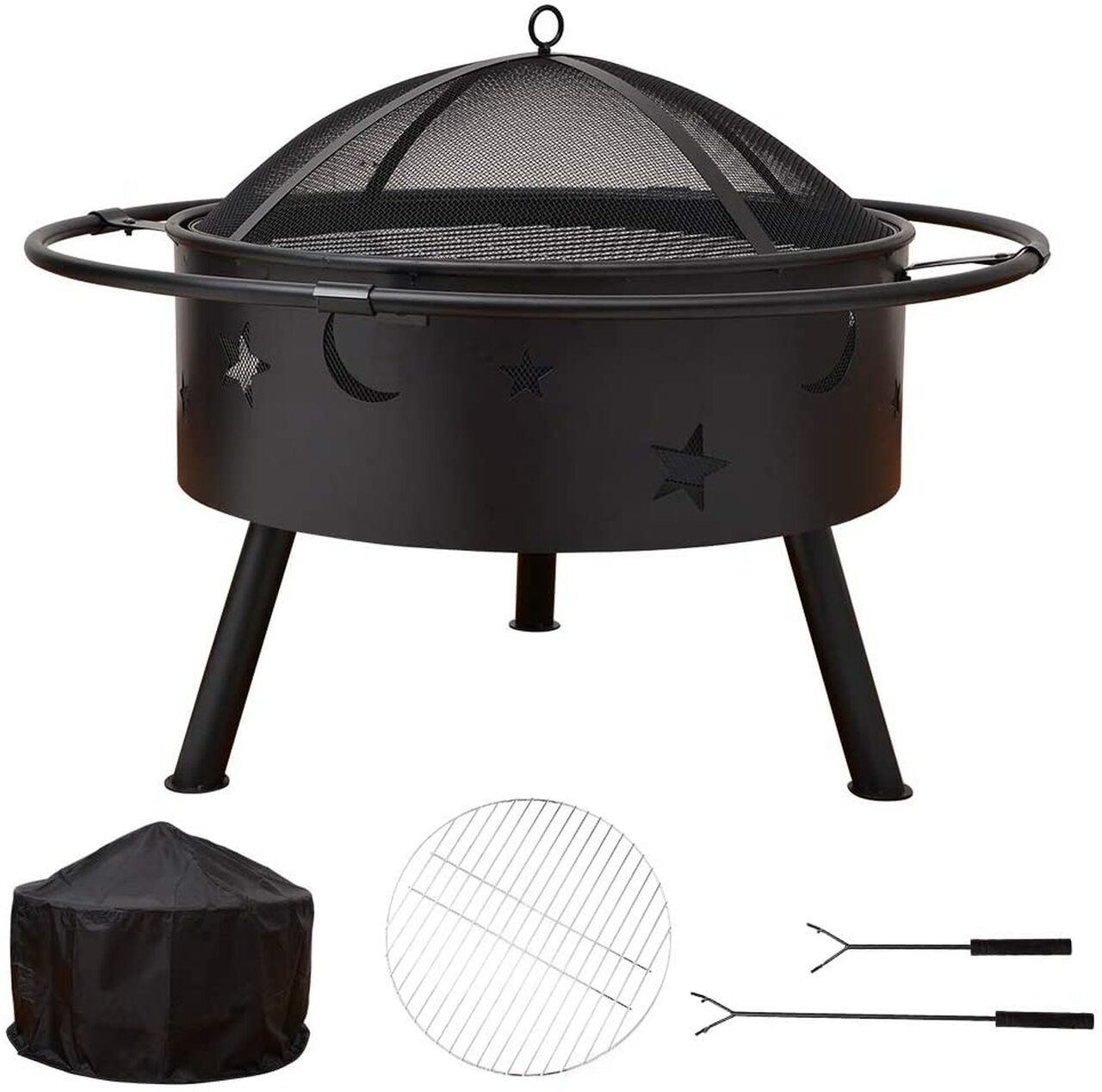 Danlong 32" Round Fire Pit Outdoor Bonfire Wood Burning for Backyard Fire & Patio Heater with Cooking BBQ Grill Grate