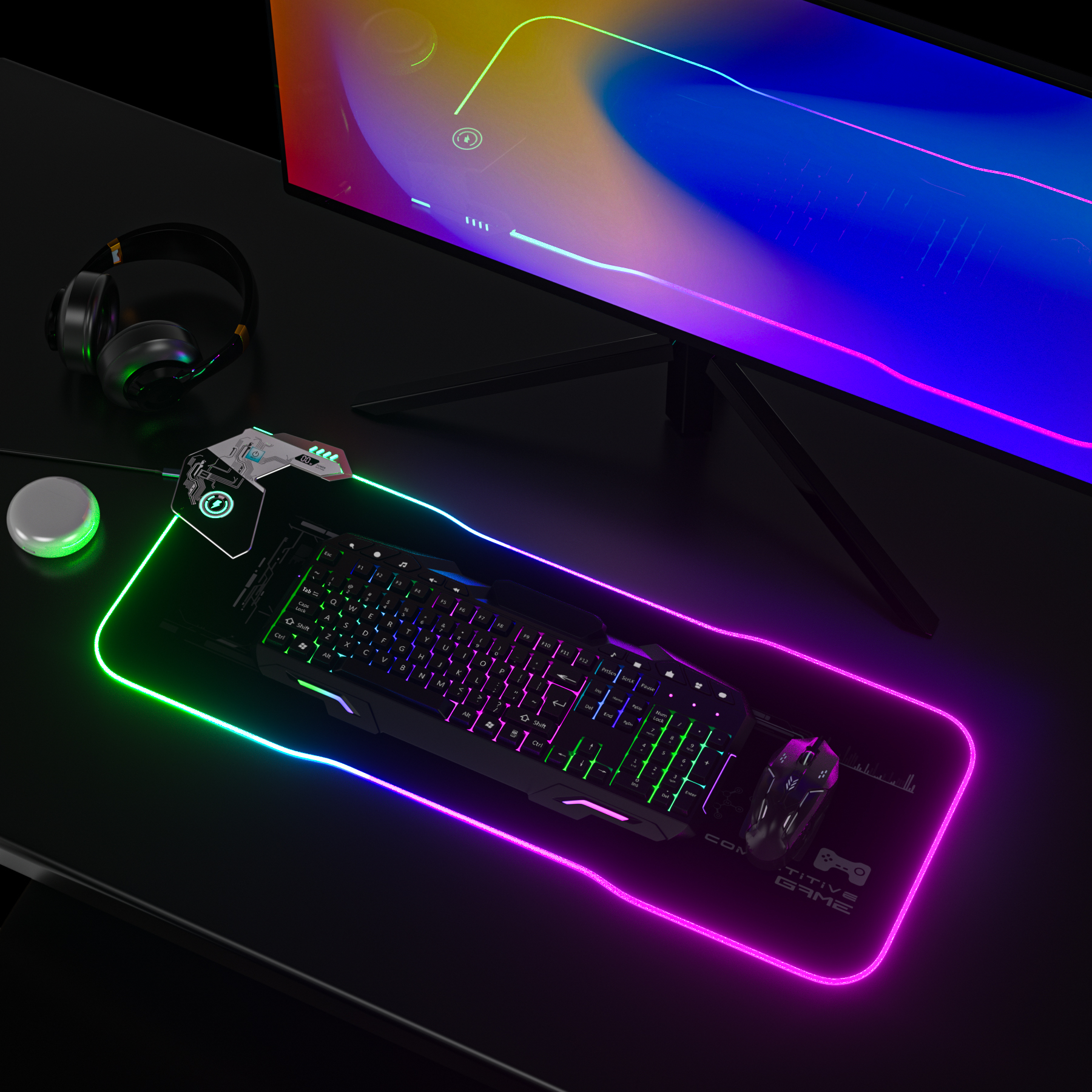 Игровой коврик для мыши, коврик для мыши с RGB светодиодным светом и беспроводным зарядным устройством, стандарт Qi для любителей игрового стола/игр