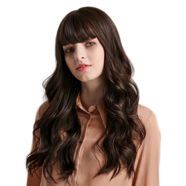 Wholesale Brown Long Wavy Curly Synthetic Wig With Bangs Natural Wigs for Women