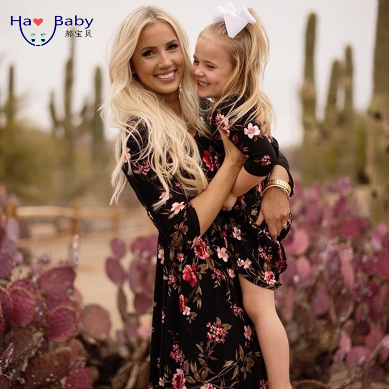 Hao Baby/модное черное платье с длинными рукавами на весну и лето с принтом Одежда для родителей и детей