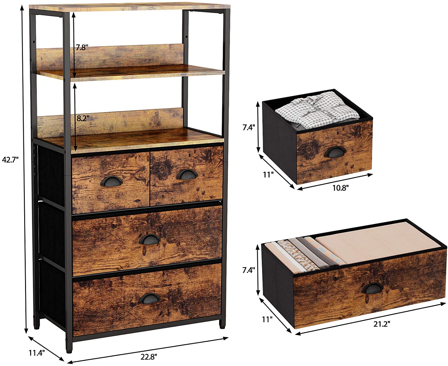 Dresser Organizer with 3-tiers wood Shelf,Tall Fabric Storage Tower Unit, Sturdy Metal Frame Furniture,Removable Brown mental