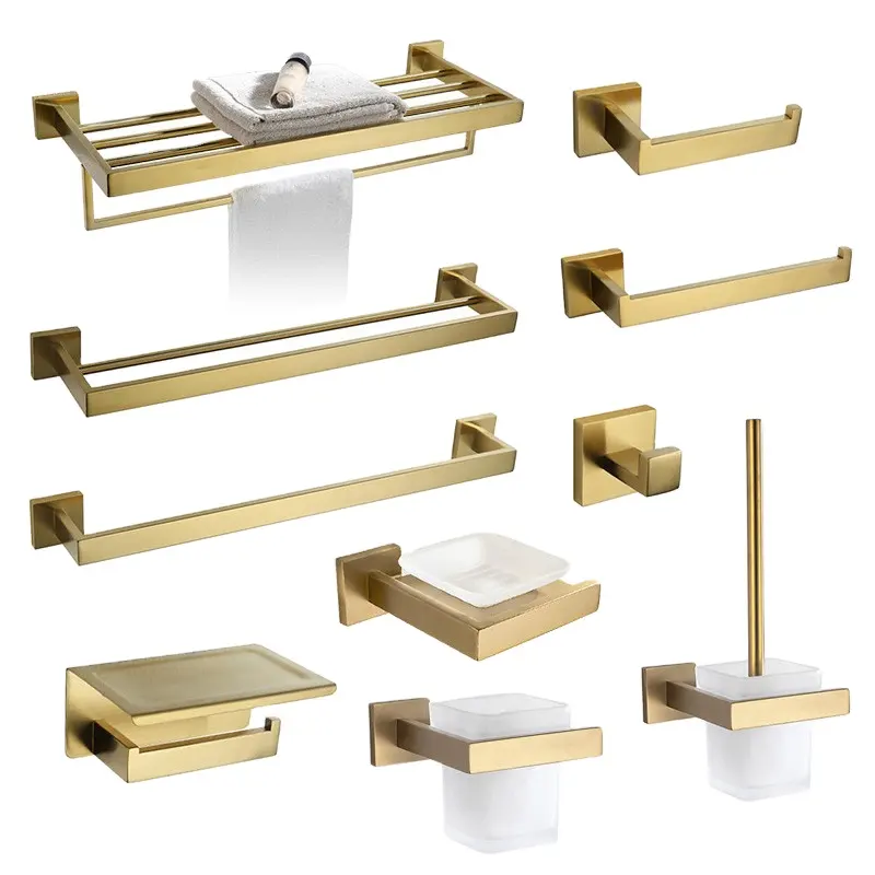Modern Stainless Steel Bathroom Accessories sets wall mount square Gold bathroom sets