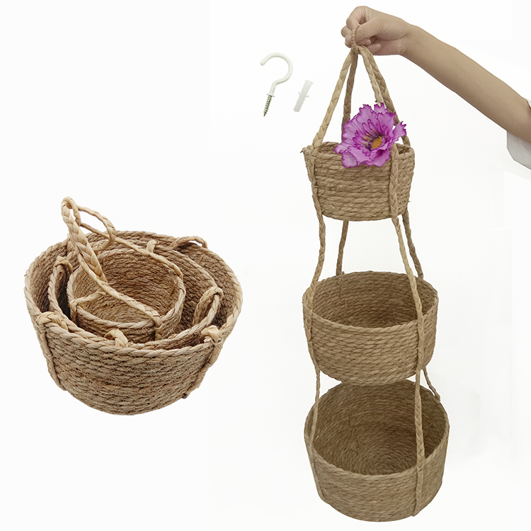 Boho Kitchen Storage Vegetable Organizer Round Bulrush with water hyacinth rope hang Baskets 3- tier fruit hanging baskets