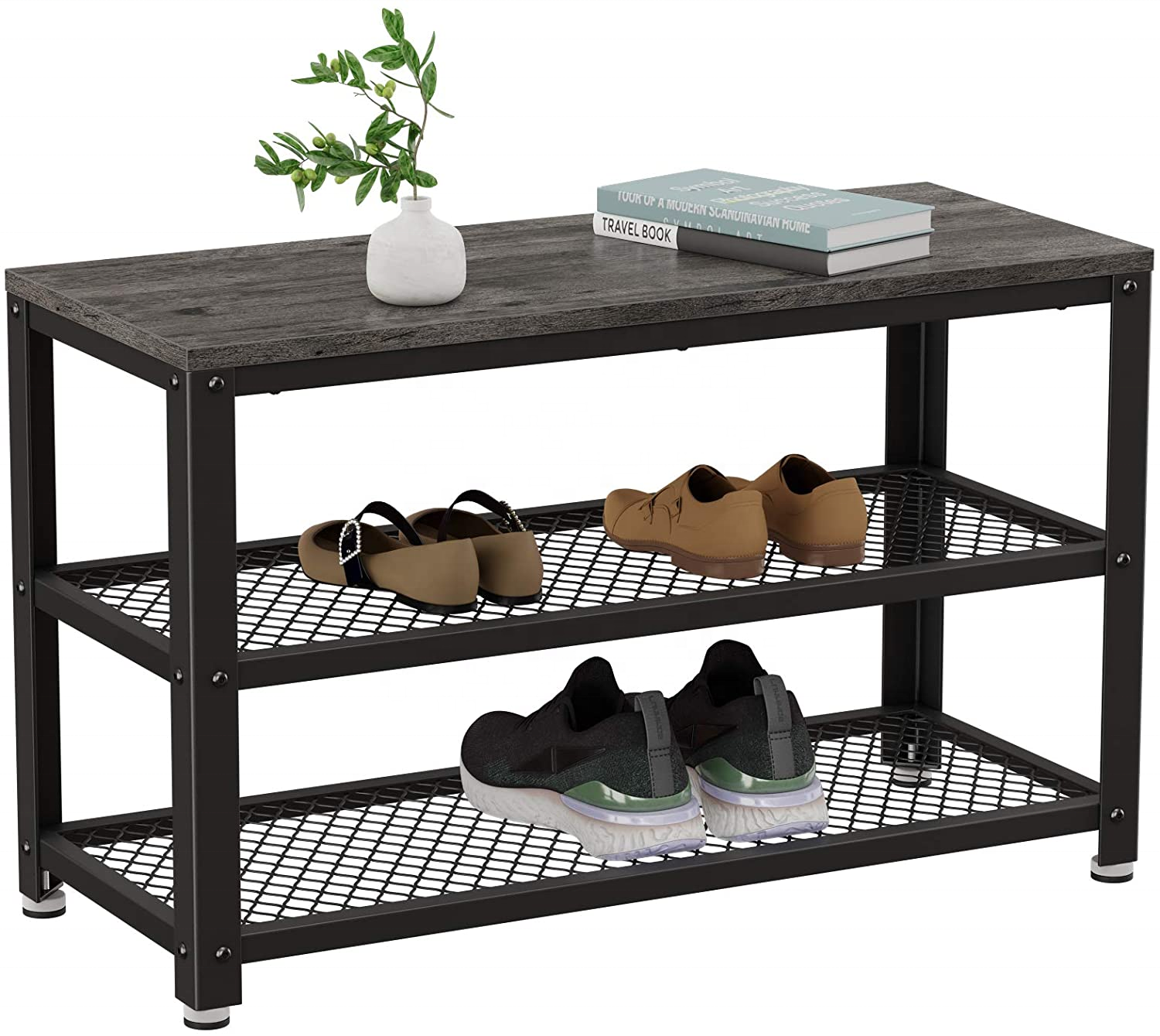 Metal Frame Industrial Vintage 3-tier Shelf Storage Organizer wooden shoe rack Bench with Seat