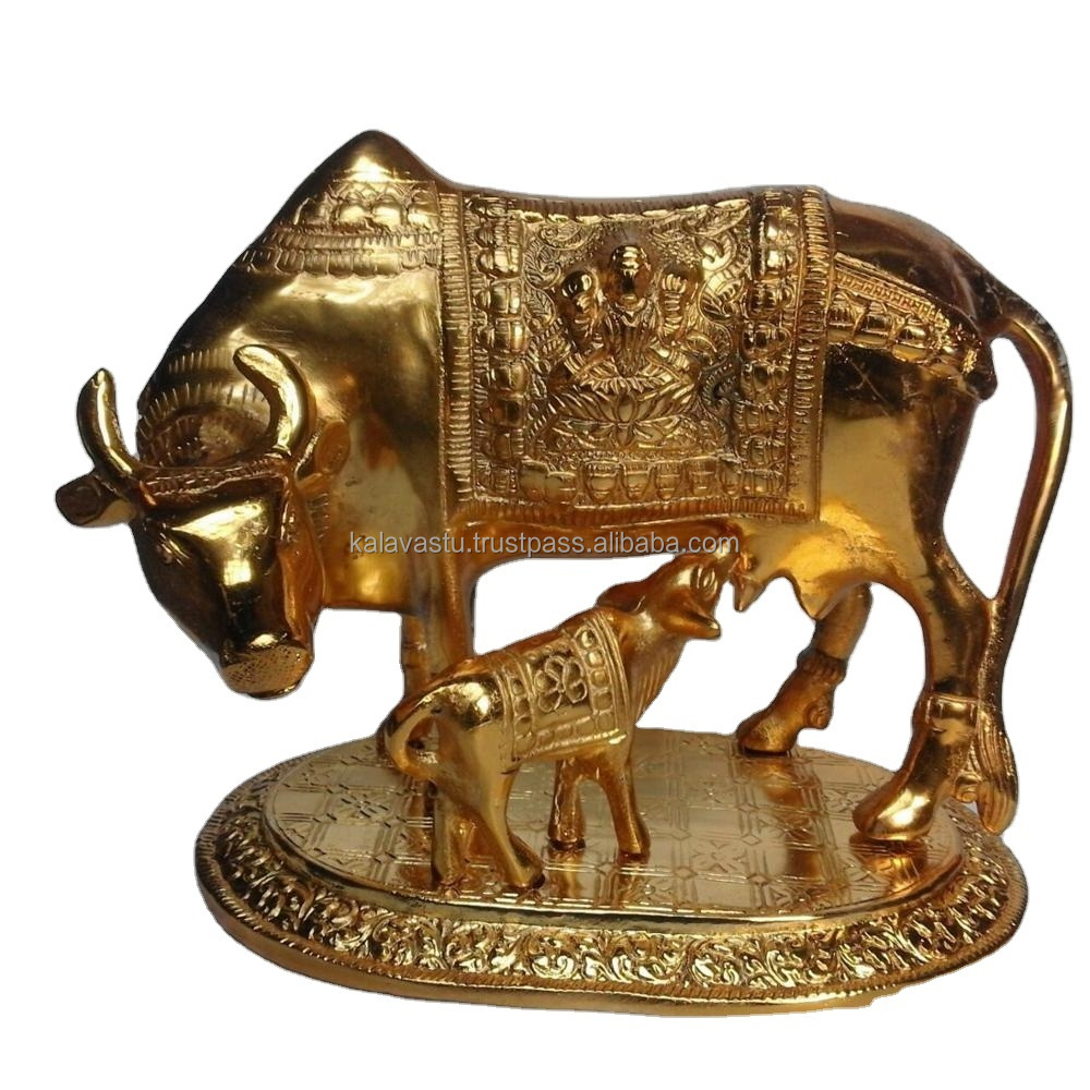 Religious Indian cow statue in Golden finish Cow and Calf Sculpture Cow and Calf / Kamadhenu with God Figures Brass Statue
