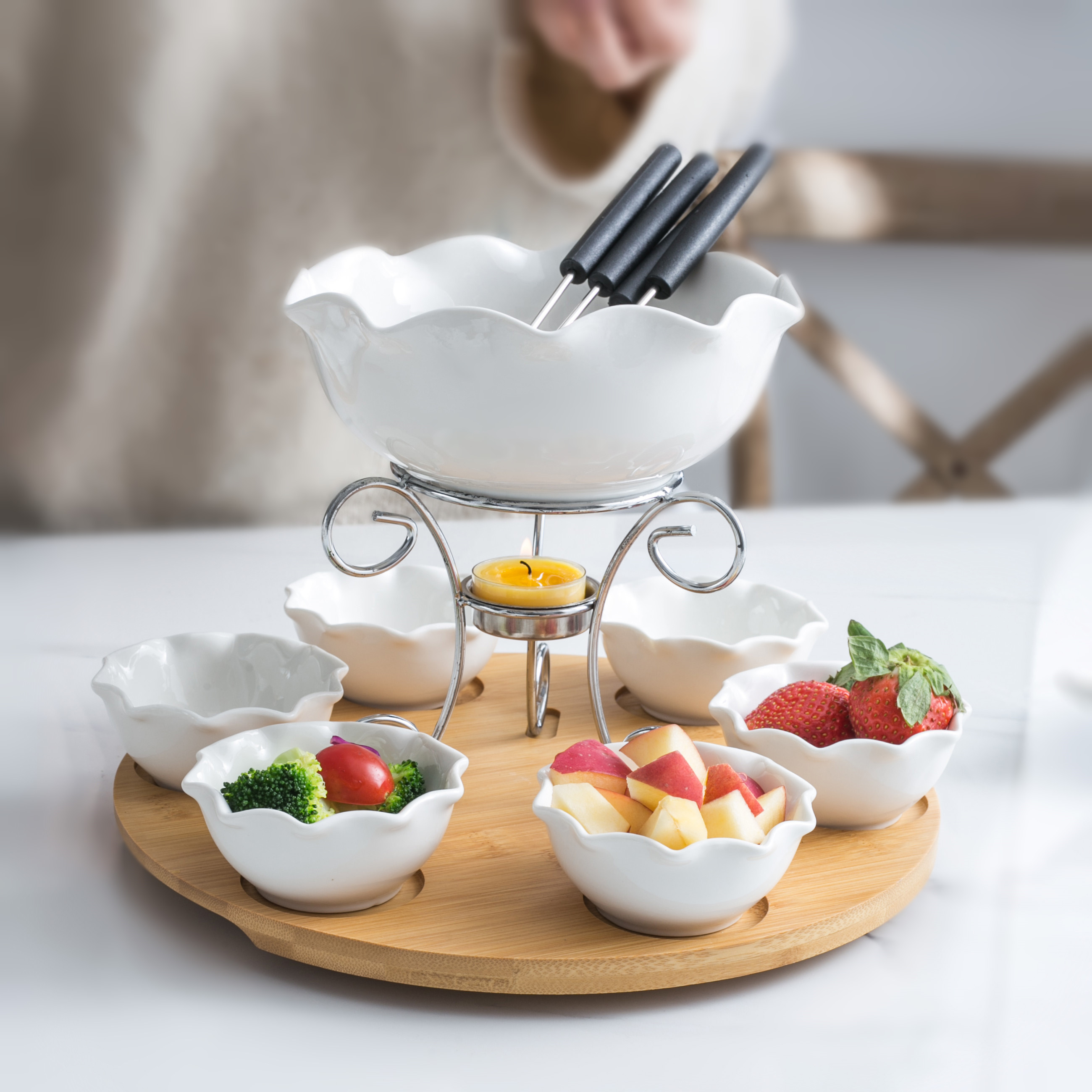 Wholesale custom candle cheese white ceramic melting pot porcelain chocolate fondue set with forks
