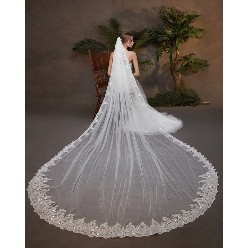 2021 New Bride Accessories Wholesale 3m Long Wide Lace Edge Luxury Embellishment Bridal Veil Wedding