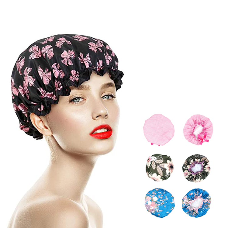 Stock Women Shower Hat PEVA Polyester Hair Cover Bonnet Headgear Double Layer Waterproof Elastic Shower Cap