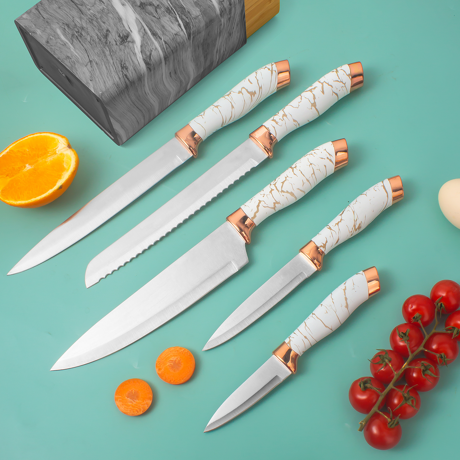 Professional Luxury 6Pcs Kitchen Cooking Block Sharpener Disposable Metal Chef Knife Set Grey Stainless Steel Meat PP Handle