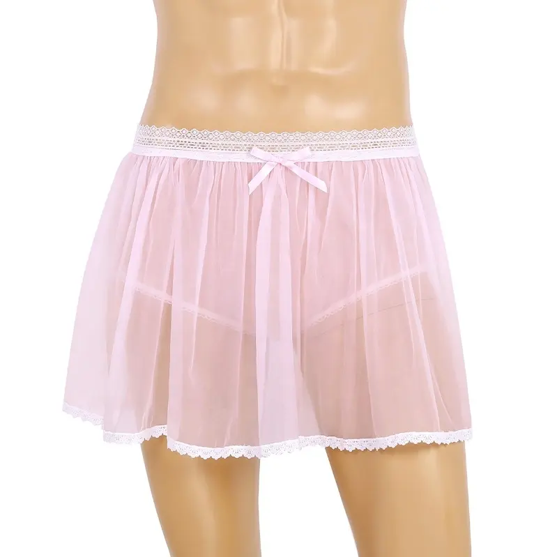 Men Adults Lingerie Elastic Lace Waist See Through Ruffled Crossdress Sissy Short Skirt