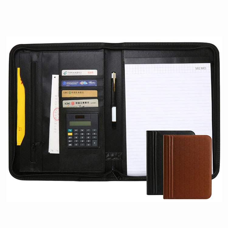 Custom A4 Black Zipper Folio Case Business Office Portfolio Leather Hardcover Document Organizer File Folder