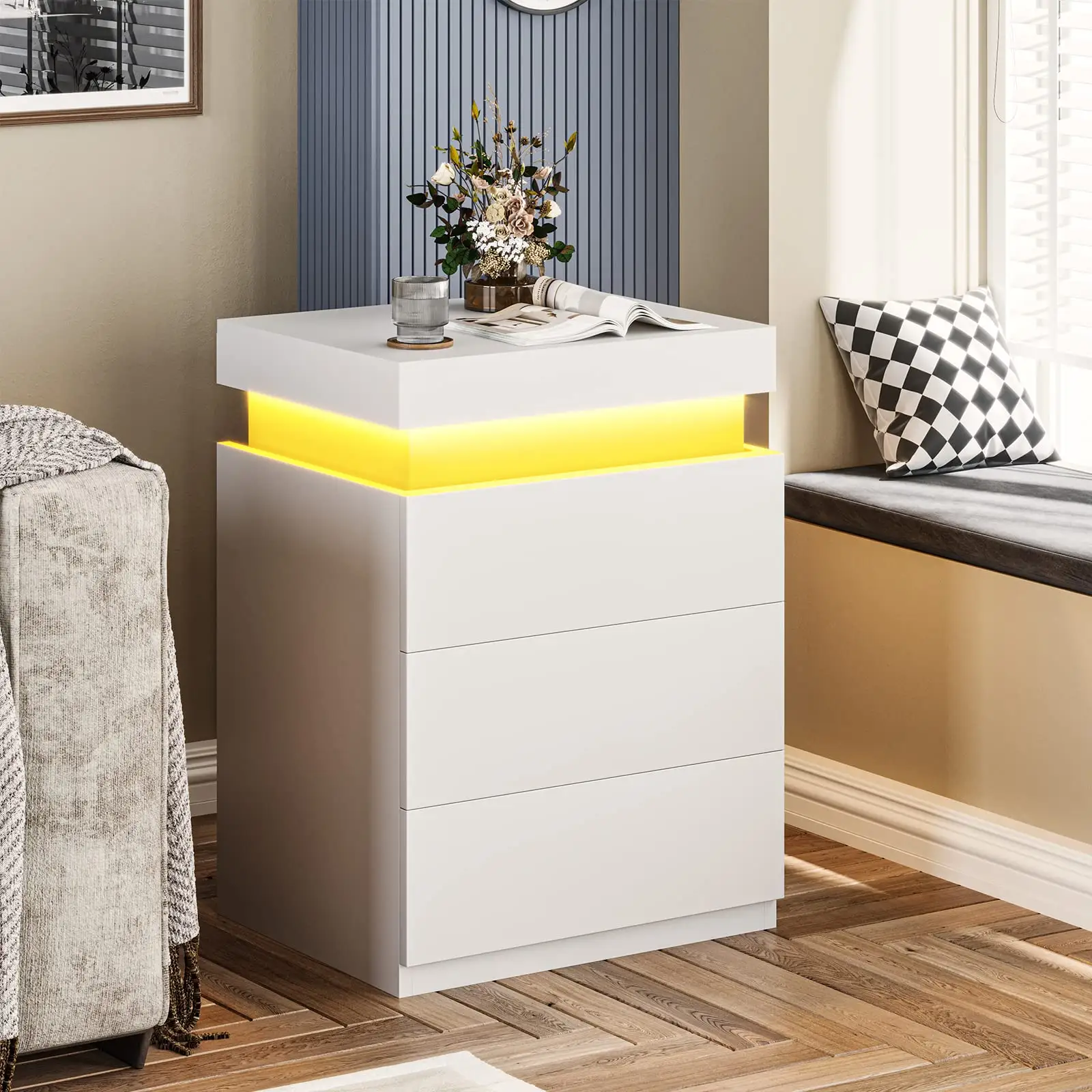 Nightstand with Charging Station and LED Lights Night Stand with Sliding Top Bedside Table with Drawers Modern End Side Table