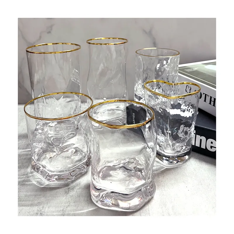 Transparent hammer grain with golden rim Juice Milk Wine Whiskey water glass set creative heart edge glass cup drinking glasses