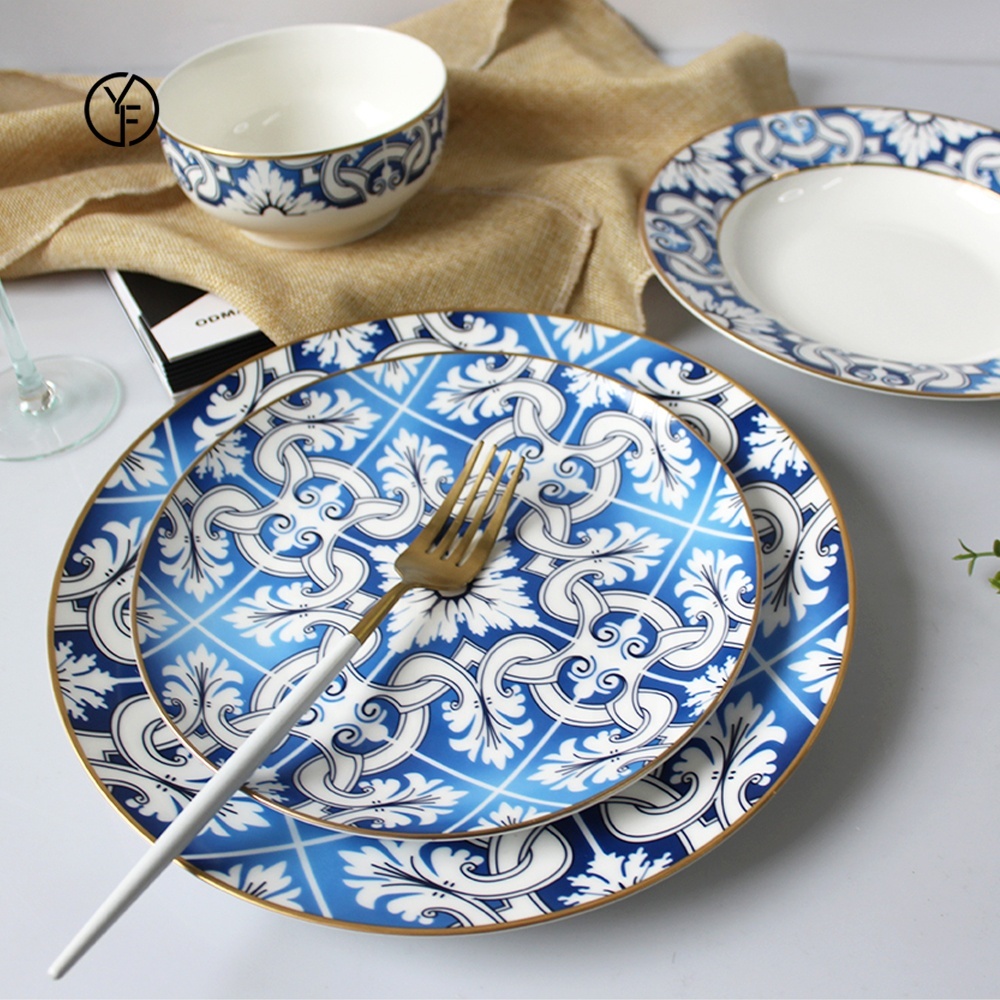 Vintage Baroque Style Blue And White Ceramic Dinnerware Sets Porcelain Tableware Restaurant Dishes Fine Bone China Charger Plate