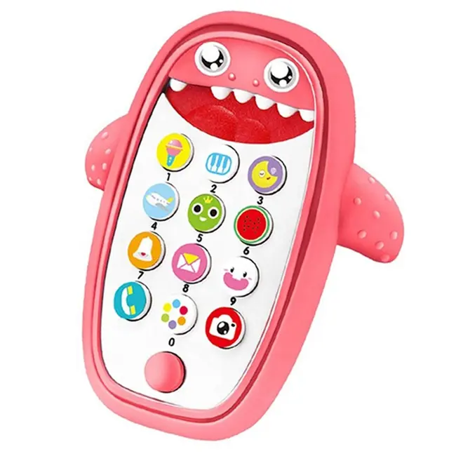 Shark infant phone teether function kids musical toys light music voice toy mobile phone with safe silicone cover