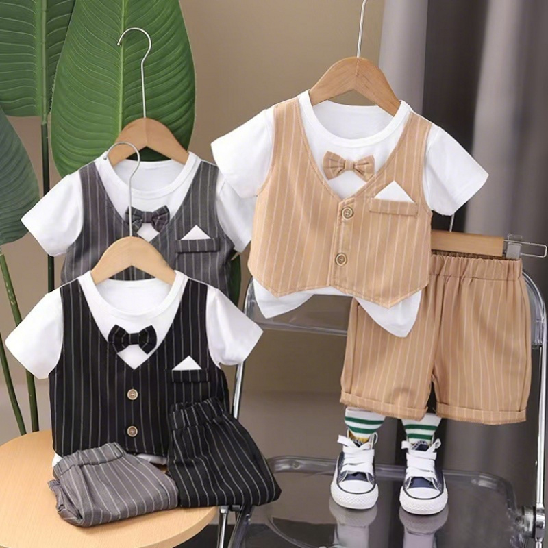 2025 Summer Handsome Boys Wear Factory Cheap Children Clothes Short Sleeve Gentleman Top Striped Shorts 2pcs Kids Clothing