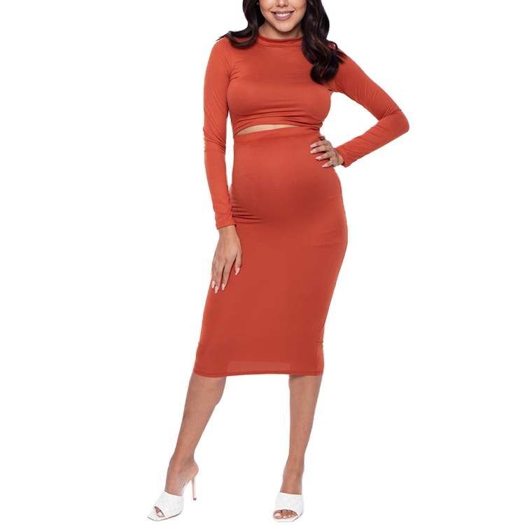 Custom casual maternity round neck long sleeve bodycon dresses women pregnant two piece sets