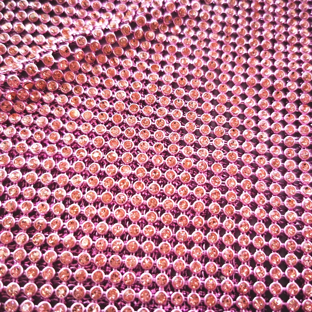 VIP customized Dress Material 3mm Pink Color Aluminum Metal Base Pink Color Clear Glass Rhinestone Mesh Crystal Fabric
