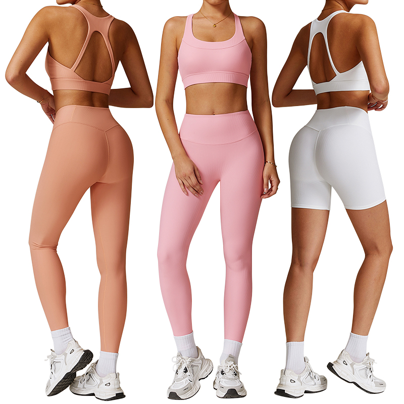 TZ8883 Rib Workout Sets For Women 2 Piece Sport Bra High Waist Biker Shorts GYM Yoga Exercise Outfits Gym Wear