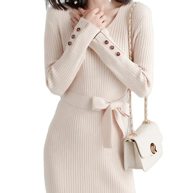 Custom Latest Ladie's Western Casual Slim Fit Knee Length v neck knitted Office Knitted Dress