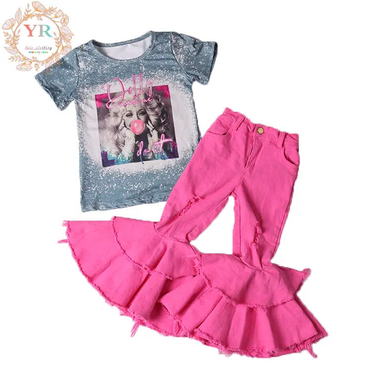 Wholesale Customizable Boutique Short Sleeve Toddlers 2 Pcs Bell Bottom Outfits Kids Girls Outfit