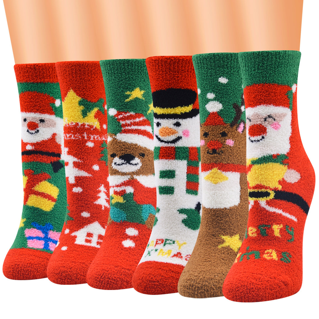 Coral fleece Printed Colorful Festive Crew Knee Cozy Socks Women Holiday Design Soft Christmas Socks