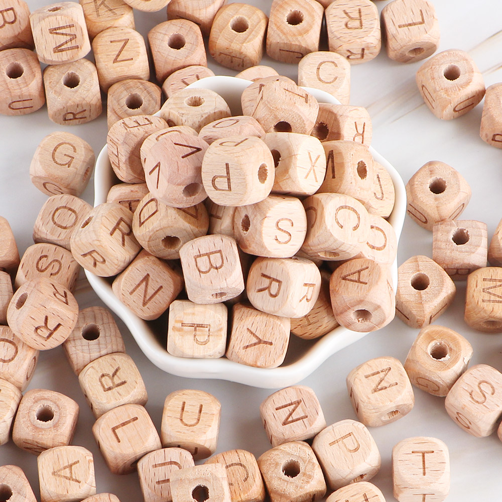 Kovict 10mm12mm Square English Alphabet Beech DIY Pacifier Chain Baby Wooden Beads