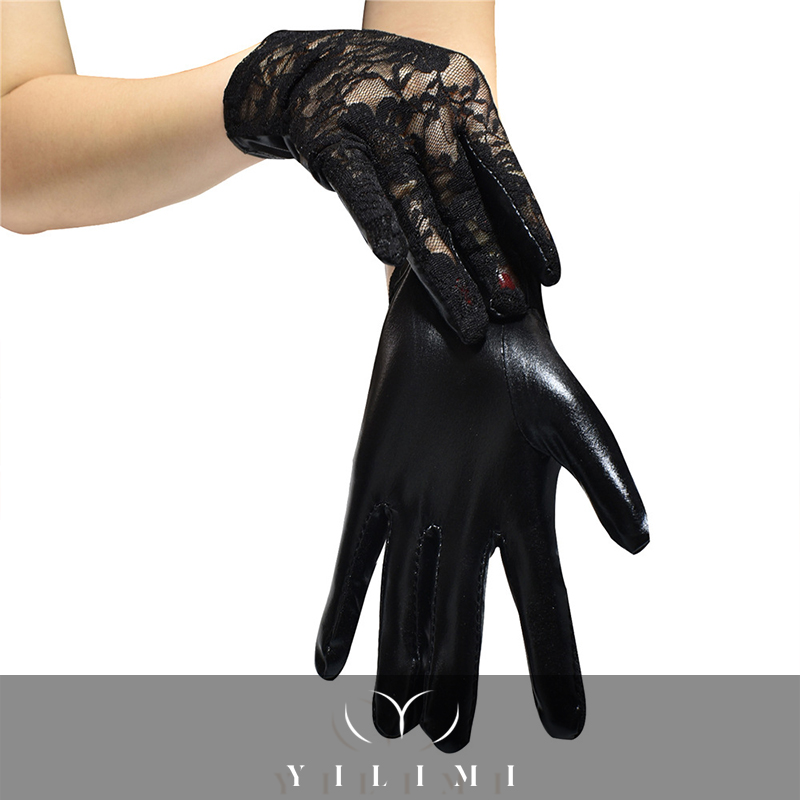 Women Sexy Gothic Punk Cool Disco Dance Rock-and-roll Full Finger Ladyies Short PU Leather Lace Pplicing Gloves