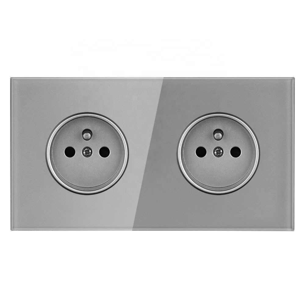 Wall Power Double Outlet  Luxury Full Mirror Tempered Glass Panel  AC220~250V  16A French socket