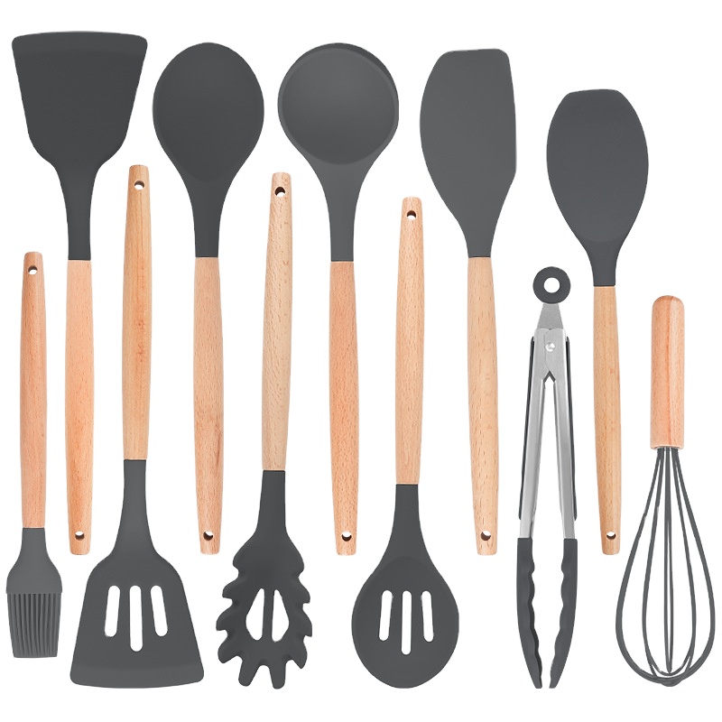 US utensils wholesale silicone kitchen utensil 12pcs set with Wood Handle Nylon Silicone Cooking Utensil Baking Tools Gadget