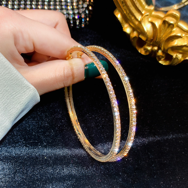 Fashion Statement Jewelry S925 Post Crystal Big Round Hoop Earrings 7.3CM Geometric Rhinestone Circle Hoop Earrings