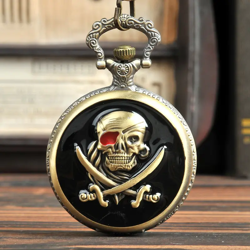 New Arrival Retro Bronze Skull Pirate Quartz Pocket Watch With Necklace Chain Best Gift To Men Women pendant watches