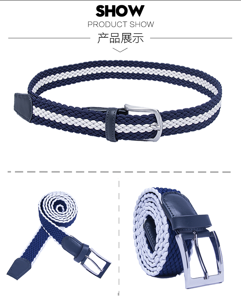 Elastic woven braided belt stretch golf belts for sports men with leather head & end