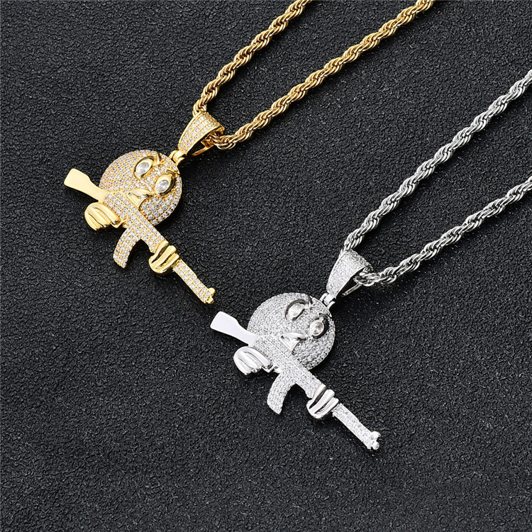 Hip hop jewelry charms men women cz iced out cartoon grip gun necklace pendant
