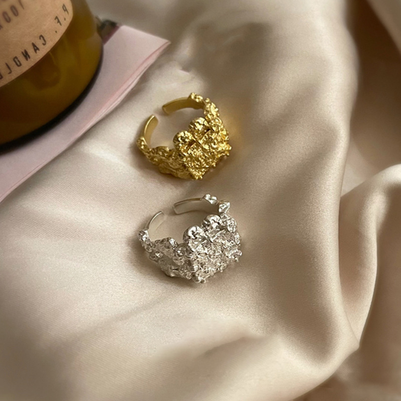Retro Design Alloy Gold Rhodium Plating Uneven Tinfoil Finger Ring French Style Lava Shape Opening Ring