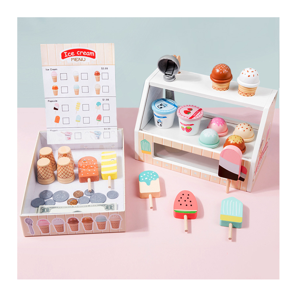 Montessori Toys Wooden Ice Cream Set Counter Toys Kids Pretend Games Food Kitchen Accessories Play Wooden Kitchen Play Set