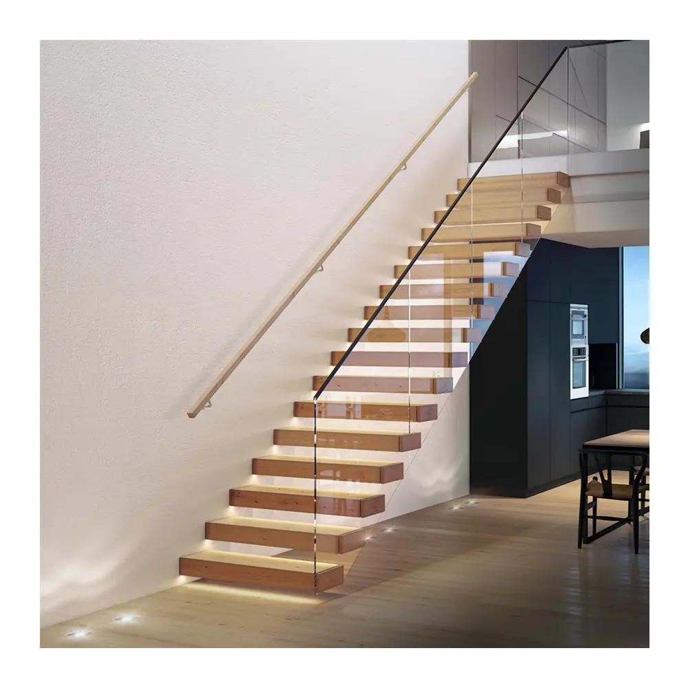 Contemporary metal America white oak stair step glass railing straight floating staircase design