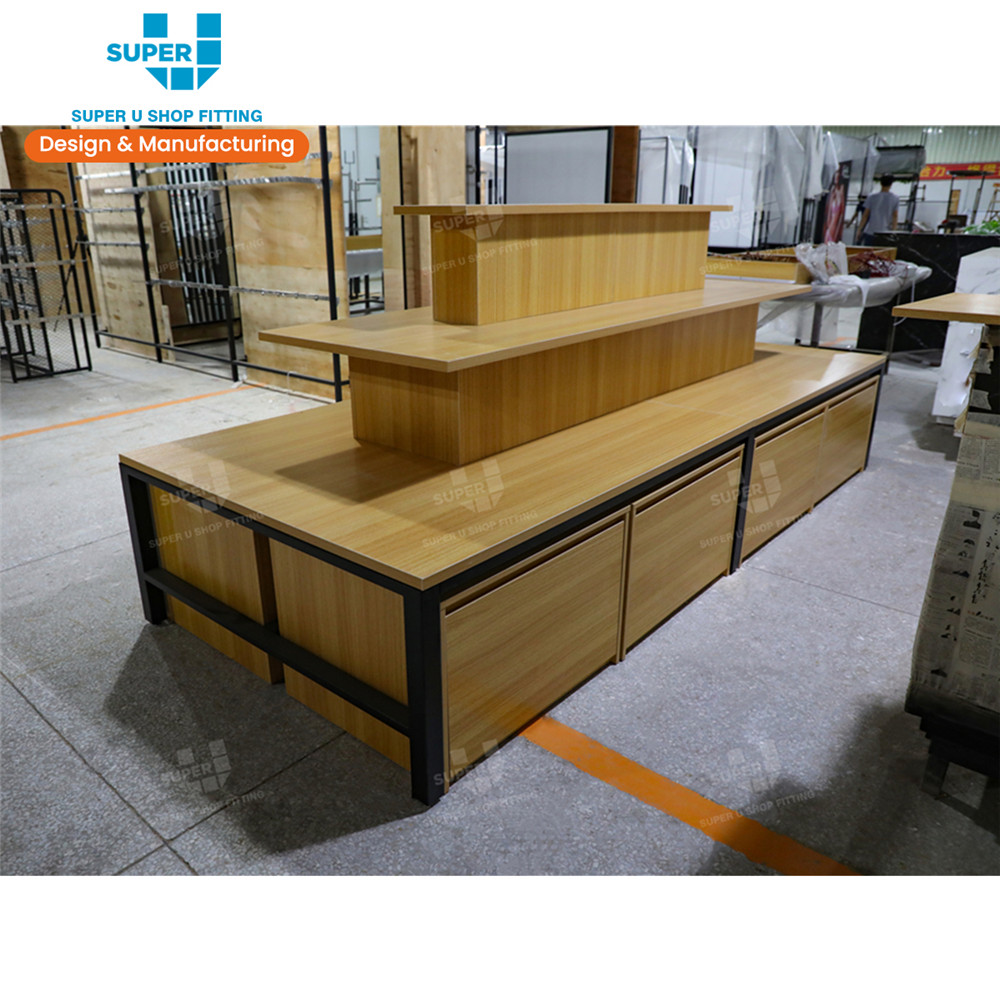 Bespoke MDF Wooden 3 Layers Gondolas Merchandising Display Case Retail Showcase Store Fixtures Display Shelves for Retail Store