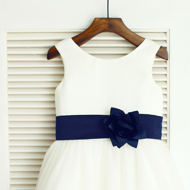 New Luxury Ivory and Navy Blue Satin Lace Flower Girl Dress for Weddings