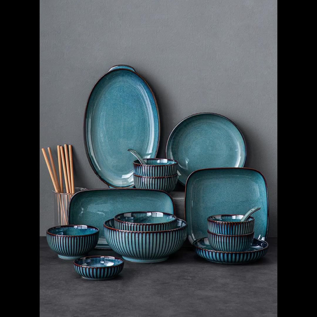 Nordic style blue porcelain dinnerware ceramic dishes home hotel restaurant wedding color reactive glaze tableware bowl plate