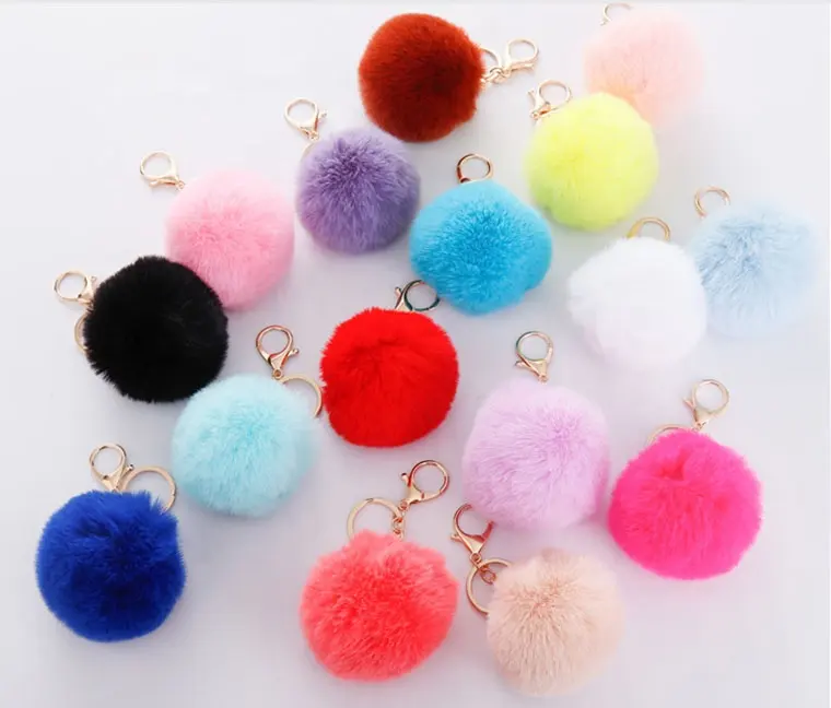 25 colors fashion pom pom cute puffy bunny plush fluffy furball keychain pompon fur ball key chain