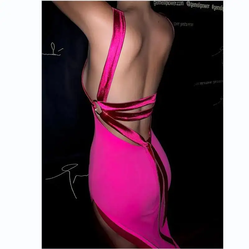 C2993 Amigo Garment  2022 pink irregular bottom satin belt crisscross dress ready to ship