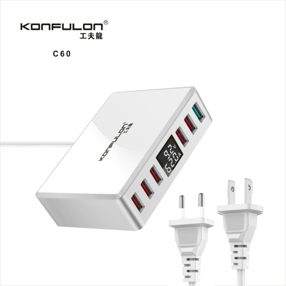 Зарядное устройство Konfulon QC3.0 сетевое с 6 USB-портами и цифровым дисплеем, 40 Вт
