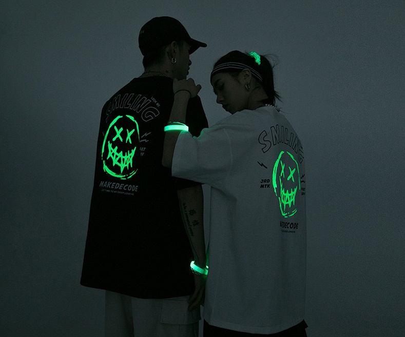 Fashion Fluorescent Printed 100% Cotton Short Sleeve Luminous Couple T-shirt Boy Men's Summer T-shirts Oversize Streetwear