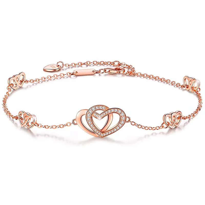 French Romance Jewellery Joyas Acero Inoxidable Gold Plated Zircon Doule Heart Ankle Chain